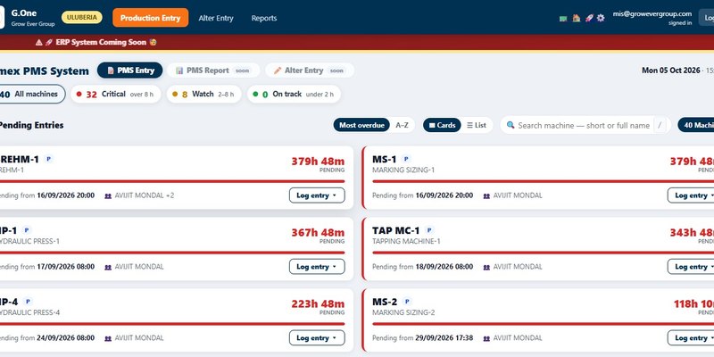 Comex PMS machine entry screen tracking pending preventive-maintenance logs