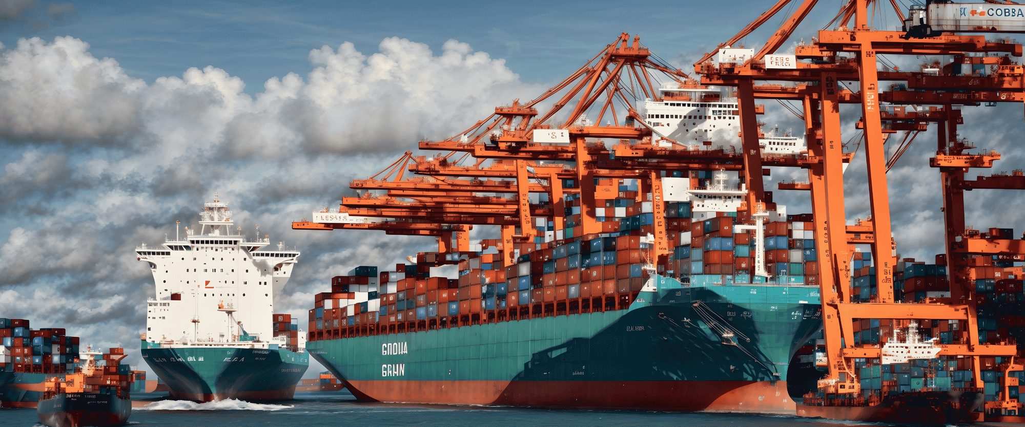 Container ships loading export cargo at port