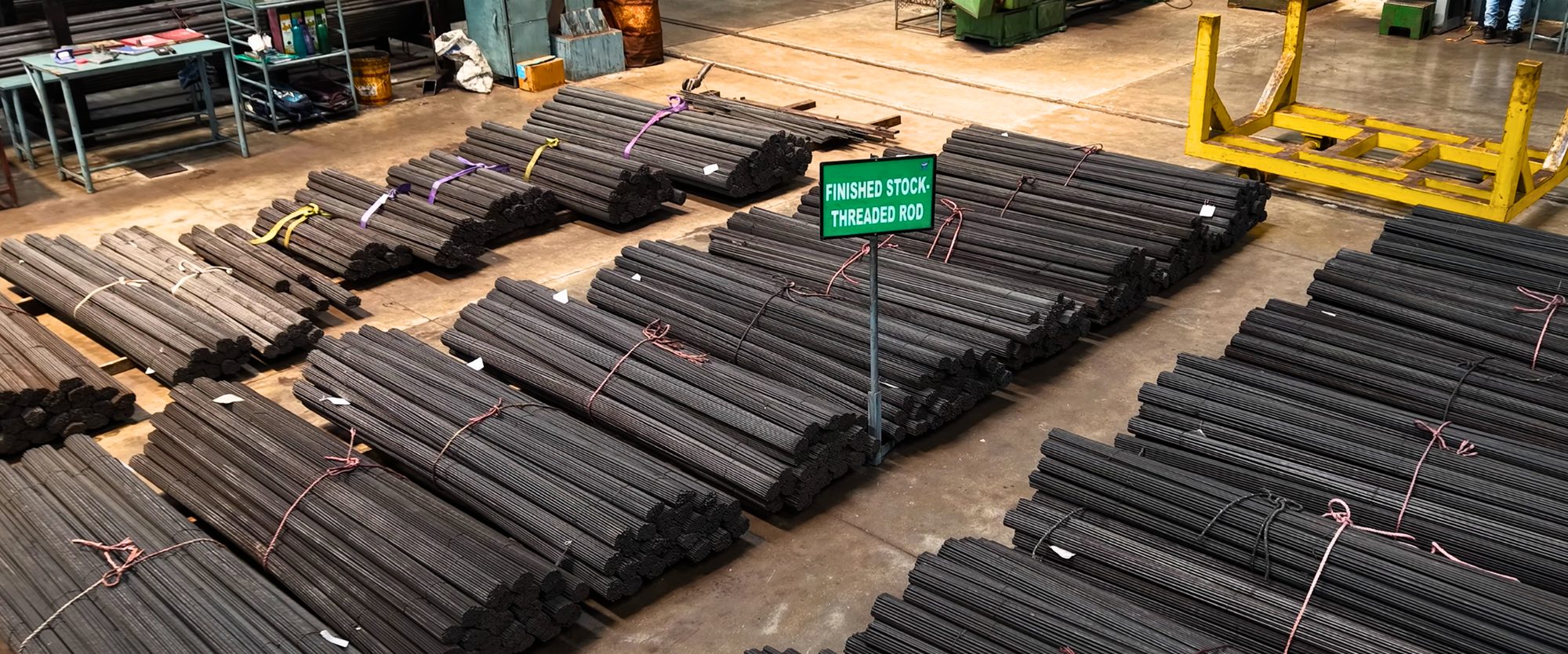 Finished stock of threaded rods ready for despatch