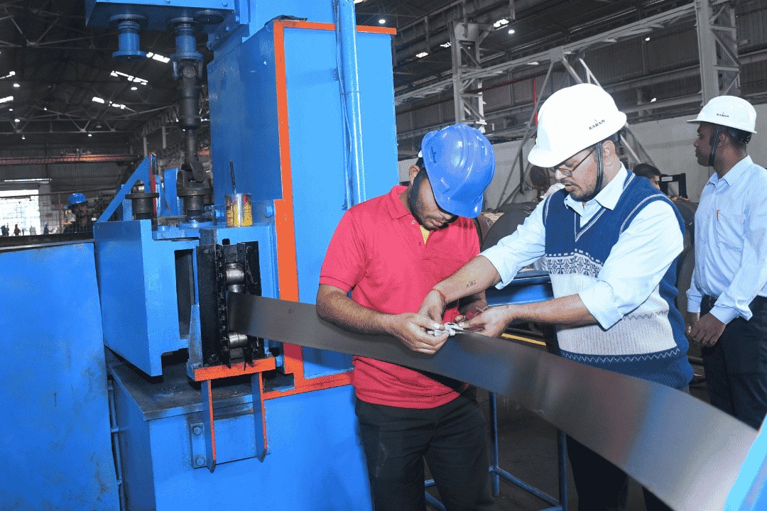 Strip being set up on the tube mill